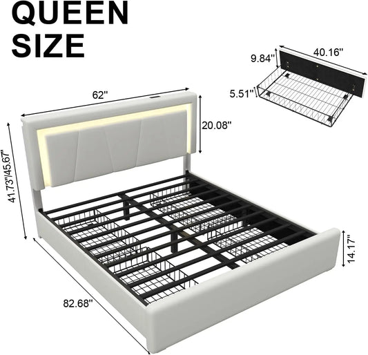 Queen Bed Frame with Storage Drawers, LED Headboard & Charging Station, Easy Assembly, White