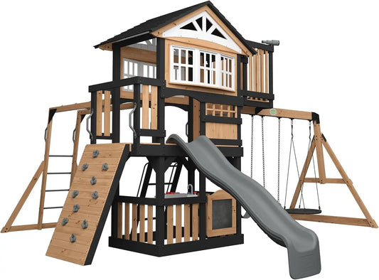 Rosewood Falls Cedar Wood Swing Set with Monkey Bars, Clubhouse, Crow's Nest, Play Kitchen, Wave Slide, Rock Wall, Belt Swings,