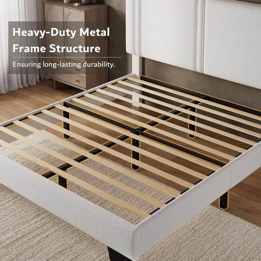 Full Platform Bed Frame with Velvet Upholstered Headboard & Thickened Legs, Mattress Foundation w/Solid Wooden Slats Support
