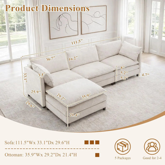 108" L Shaped Couch, Modular Sectional Sofa, Chenille Cloud Couch with Movable Ottoman, 3 Deep Seat Small Sectional, Customized