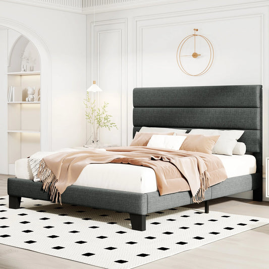 HOOMIC Bed Frame with Headboard, Fabric Platform Bed, Strong Wood Slats Support Panel Bed Mattress Foundation Allewie