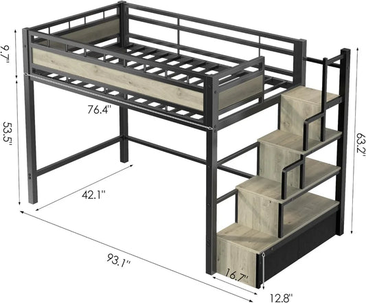 Twin Size Loft Bed with Stairs & Storage - Sturdy Metal Frame, Space Saving Design for Teens & Small Rooms
