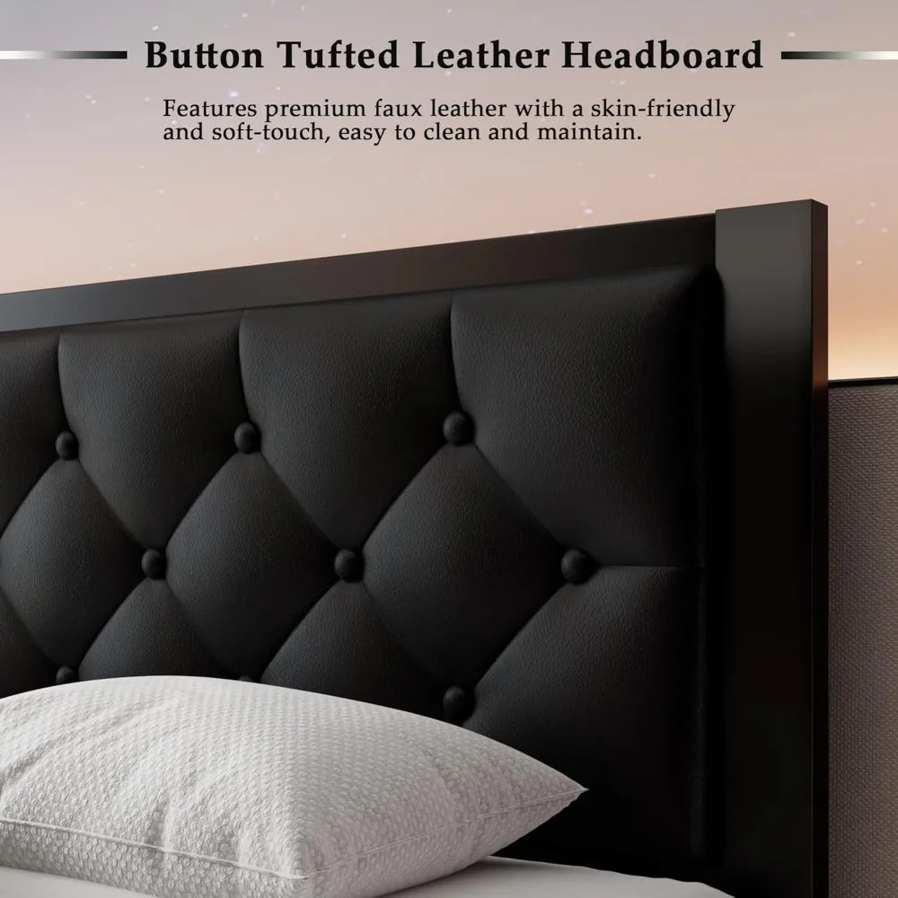 Full Size Metal Bed Frame with Faux Leather Button Tufted Headboard, Heavy-Duty Platform Bed Frame with 12" Storage, Steel Slats