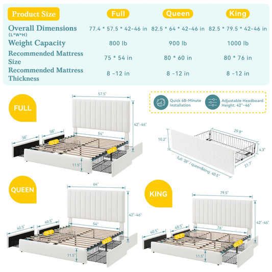 HOOMIC Full/Queen/King Velvet Storage Bed Frame with Adjustable Vertical Channel Headboard,4 Large Drawers, No Box Spring Needed