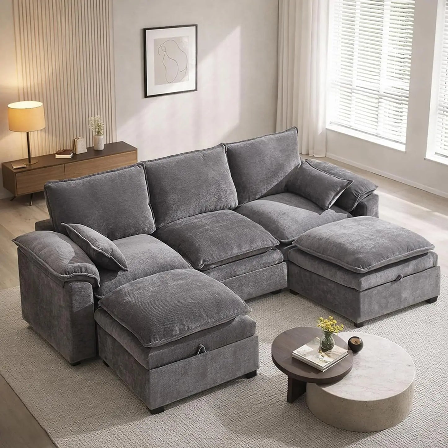 108" U Shaped Cloud Couch Sectional with Ottoman Storage, Chenille Modular Sectional Sofa with Pillow, Modern Deep, Customized