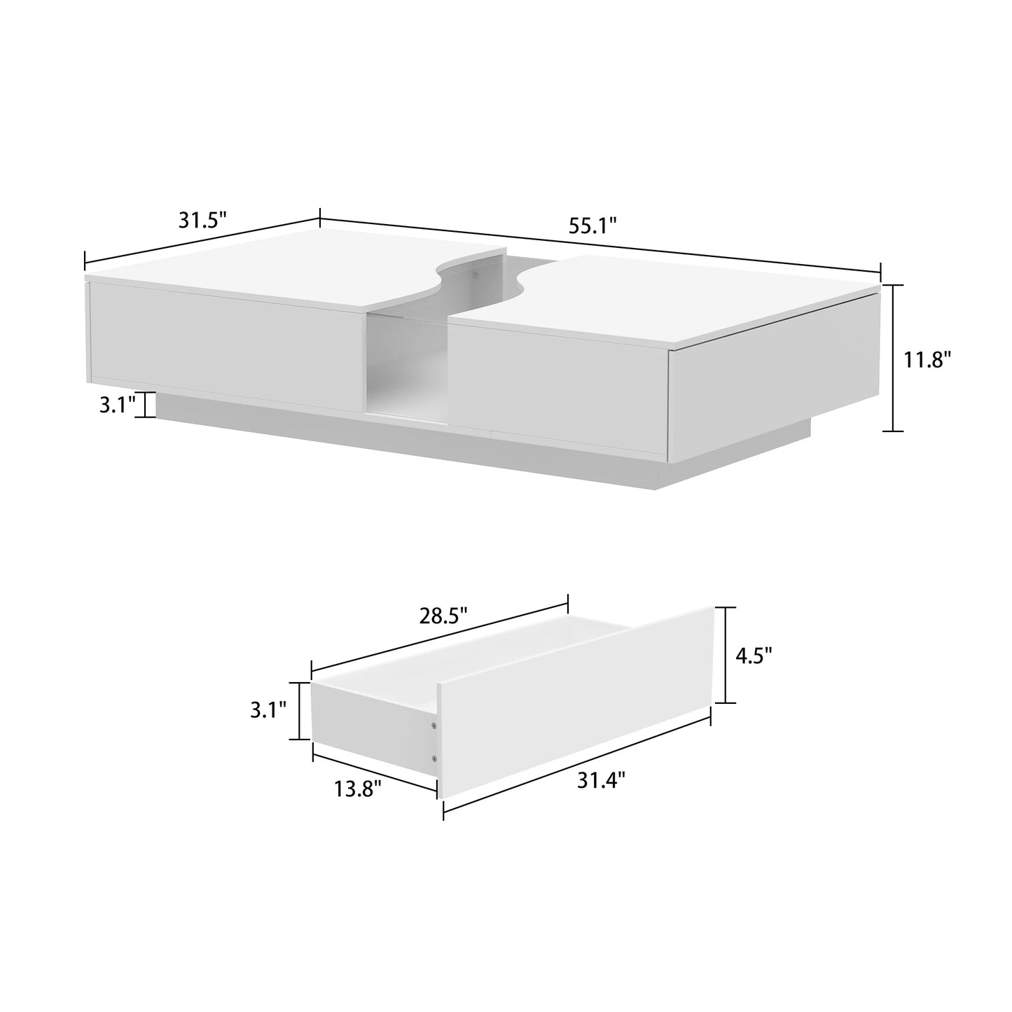 FUFU&GAGA 55.1'' Wide Modern Coffee Table With 2 Drawers & LED Lights, Coffee Table With Spacious Tabletop, For Living Room