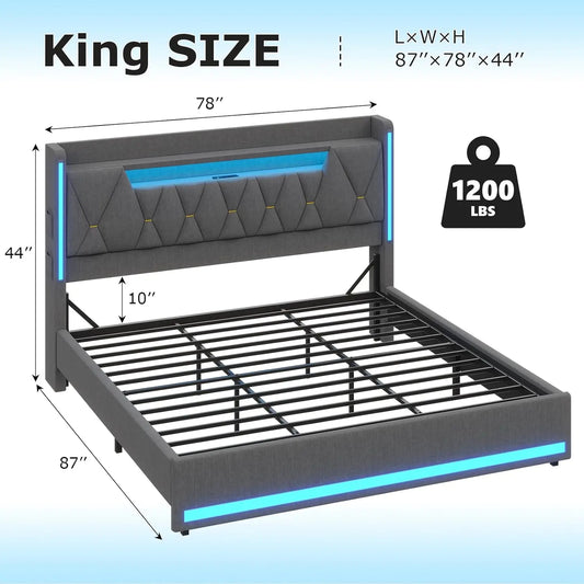 LED King Bed Frame with Charging Station, Hidden Storage & Upholstered Headboard, Dark Gray Linen