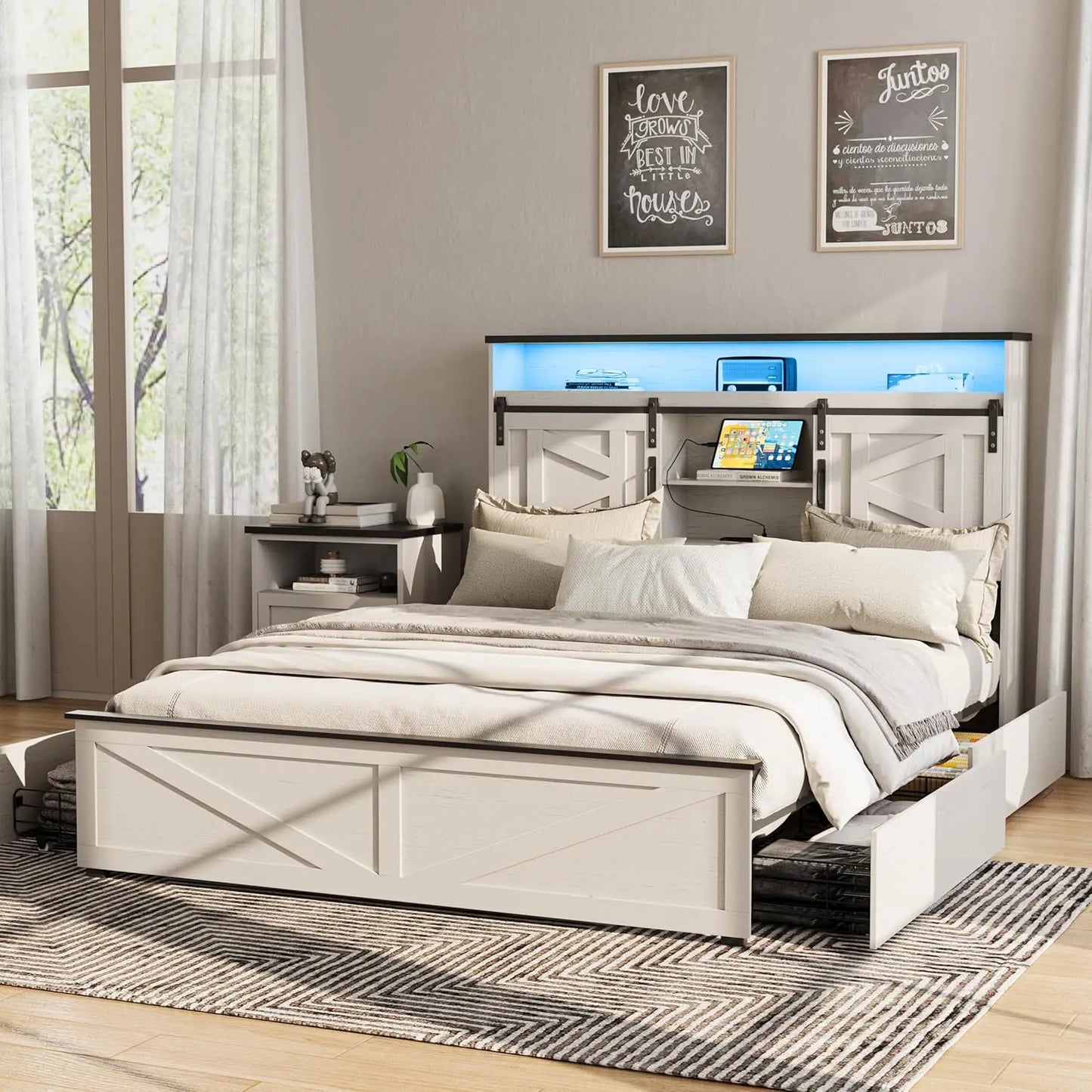 Farmhouse Queen Size Bed Frame with Headboard and Storage Ottoman, Sliding Barn Door & 4 Drawers, LED Lights and, Customized