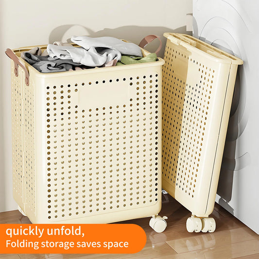 Laundry Basket Plastic Large With Wheel Foldable Clothing Storage Hamper Removable Organization Portable For Balcony Bathroom
