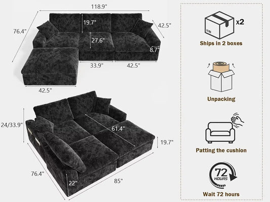 119" Cloud Couch Sectional for Living Room, Oversized Boneless Couches with Ottoman, Convertible L Shaped 3 Seater, Customized