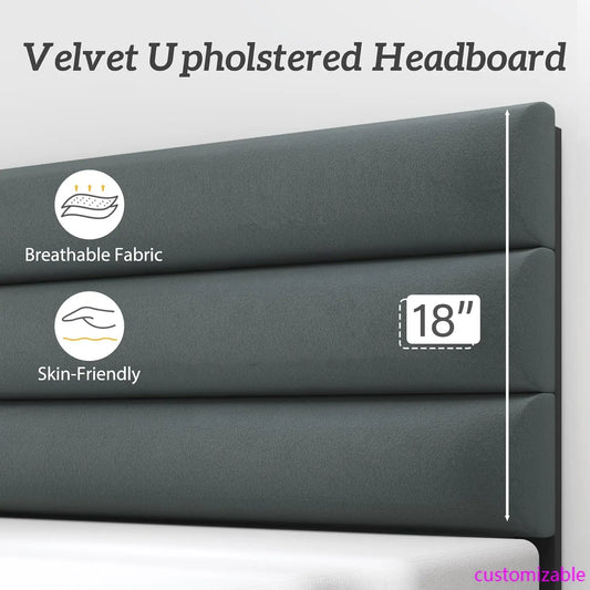 King Bed Frame, Platform Bed Frame with Velvet Upholstered Headboard, No Box Spring Needed, Sturdy Metal Support