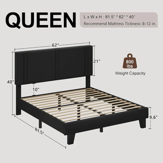 Upholstered Queen Size Bed Frame with Linen Fabric Headboard, Strong Wooden Slats Support, Noise Free, No Box Spring,Customized