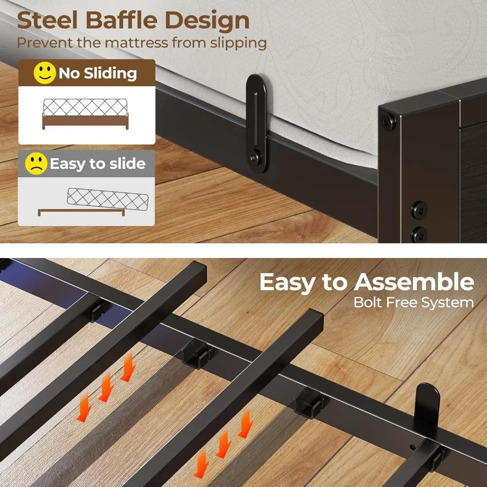 Rolanstar Bed Frame Twin Size with Charging Station and LED Lights, Upholstered Headboard with Storage Shelves, Heavy Duty Metal