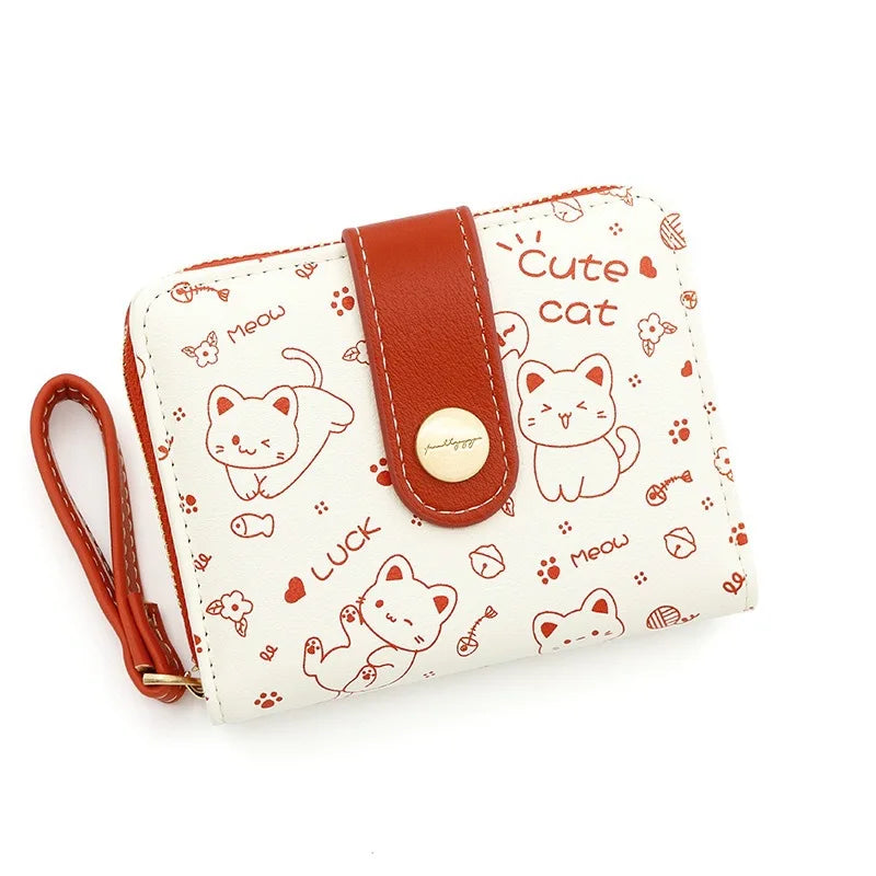 Japanese Cute Cat Girls Wallet Short Student ID Bank Card Holder Money Bag Zipper Wallets For Women Key Storage Purse Coin Purse