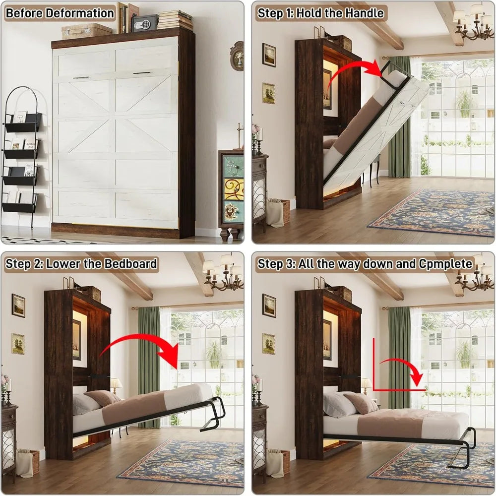 Queen Size Murphy Bed with LED Lights, Farmhouse Wood Hidden Wall Bed Frame, Space-Saving Storage Cabinet for Bedroom Office