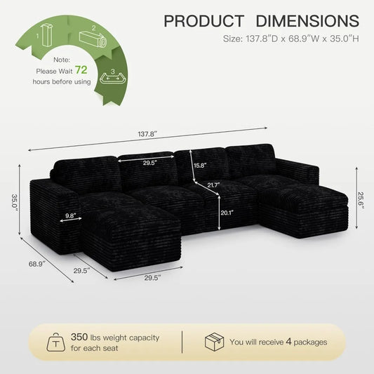 Cloud Sectional Couches for Living Room Plush Corduroy U Shaped Boneless Modular Sectional Sofa with Deep Seat. Black Couch.