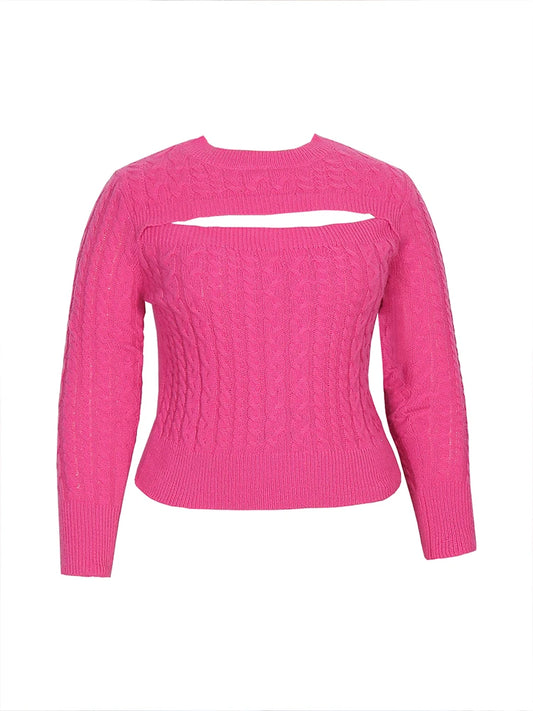 plus Size Solid Color Cutout Knit Sweater Long Sleeve Crewneck Pullover Slim Fit Jumper Sexy Fashion Tops for Women