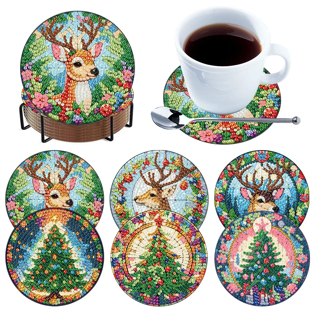 6Pcs Wooden Christmas Animals Diamond Painting Coasters DIY Coaster Diamond Dot Kits Round Diamond Art Coasters for Party Decor