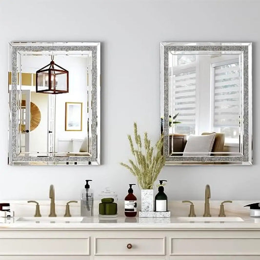 32x24 Crushed Diamond Beveled Wall Mirror Decor Silver Luxury Modern MDF Home Decoration Big Long High-end Sturdy Hooks