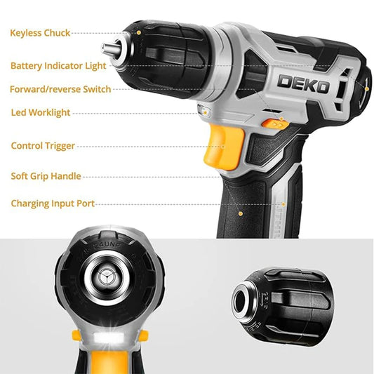 DEKO 8V Cordless Drill Set Mini Power Driver with 3/8"Keyless Chuck 42pcs Acessories Built-in LED Power Drill for Drilling