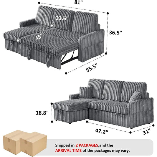 Sleeper Sofa Bed, 81” Pull Out Couch for Living Room with Reversible Storage Chaise, 3 in 1 L-Shaped Couch with Charging Station