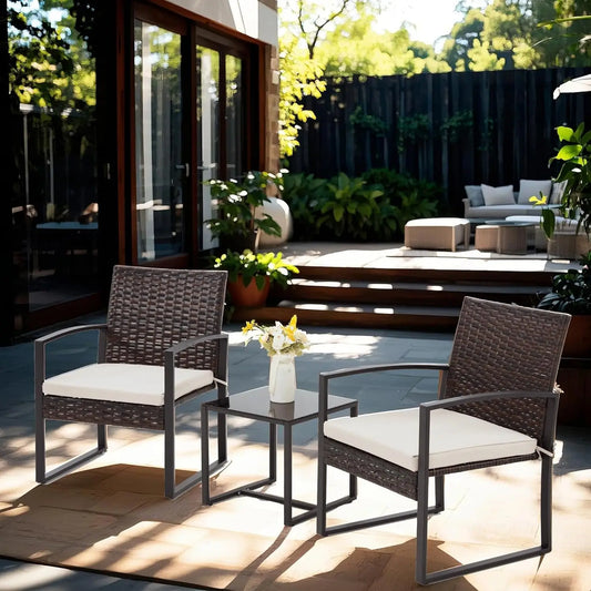 3 Pieces Patio Furniture Set, Outdoor Rattan Bistro Set with Coffee Table, Durable Steel Frame with Strapped Cushions