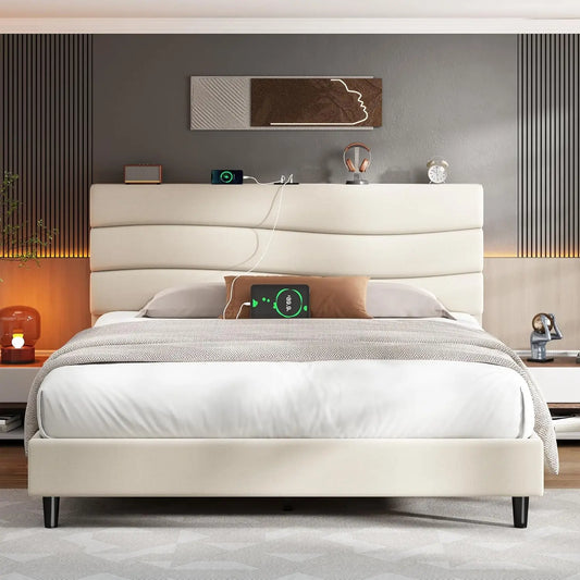Queen Bed Frame with Fabric Upholstered Headboard, Storage Headboard and Charging Station, Queen Size Bed Frame