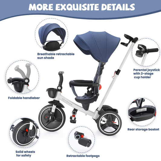 6-in-1 Folding Baby Tricycle - Adjustable Parent Handle, Safety Harness, Wheel Brakes & Removable Canopy | Kids Trike