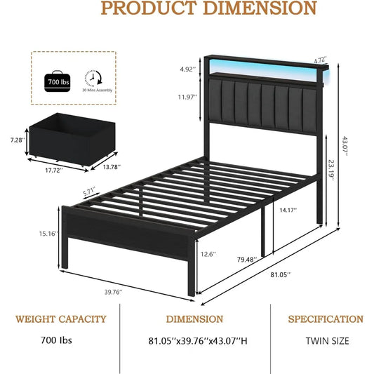 Twin Bed Frames with Charging Station and LED Lights, Grey Upholstered Headboard with Shelves, Metal Platform Bed with