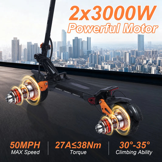 FREEBOY 6000W Fast Electric Scooter for Adult, Daul Motor 50mph, 60V 30Ah, 11'' Off Road Tires, 55miles Range, Foldable eScooter
