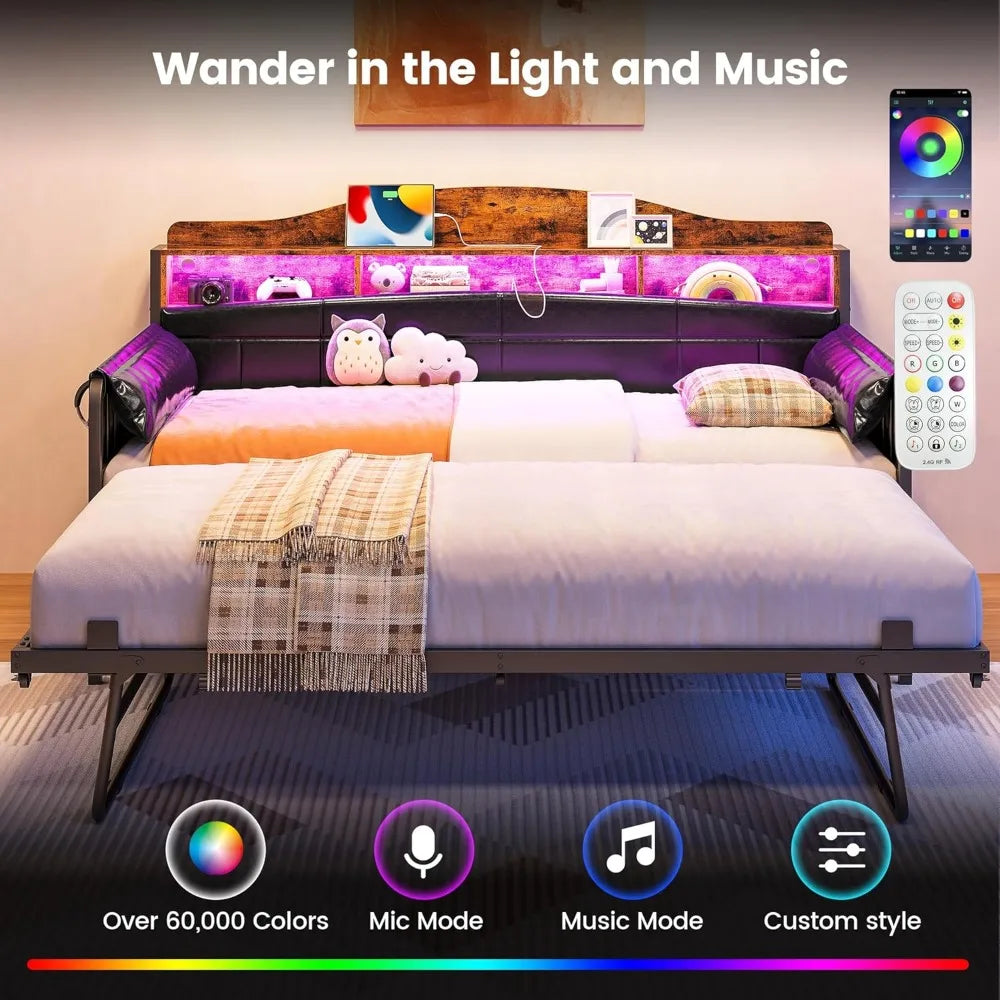 Daybed with Trundle, Twin XL Day Bed with Bookcase Headboard, Bedside Caddy, Charging Station LED Lights, Metal Sofa Bed