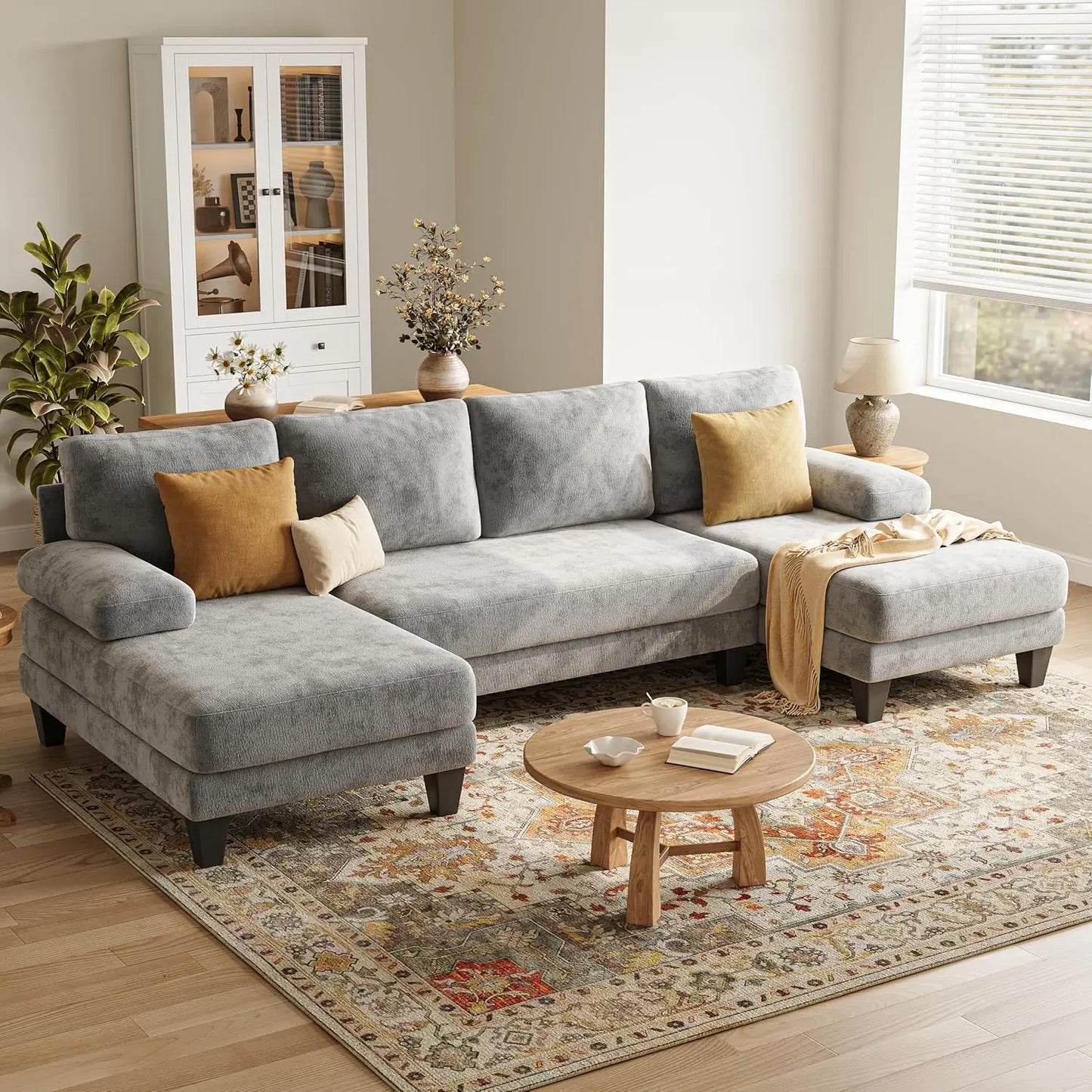 U-Shaped Sectional Couch Double Chaise Chenille Upholstery 112in Modern Living Room Apartment, Customized