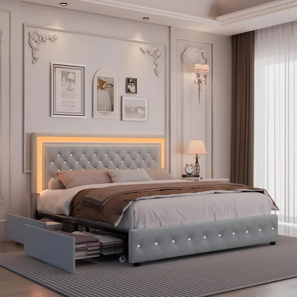 LED Bed Frame, Upholstered Bed with 4 Drawers, Adjustable Upholstered Headboard Diamond Bed Frame, No Box Spring Needed