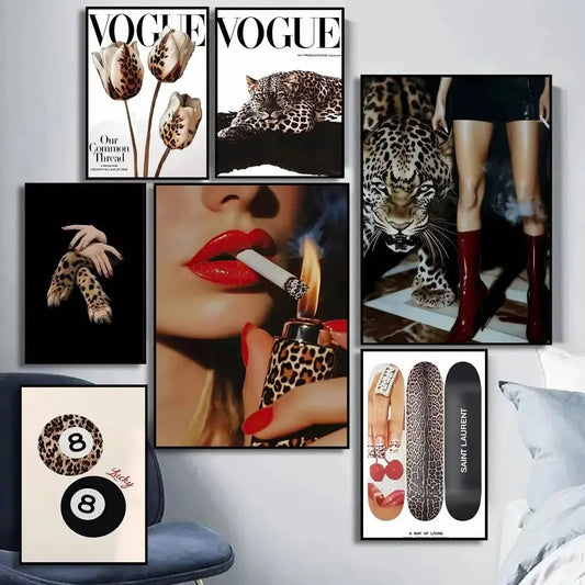 Leopard And Pink Fashion Women And Leopard Wall Art Poster Self-adhesive Art Waterproof Paper Sticker Coffee House Bar Room Wall