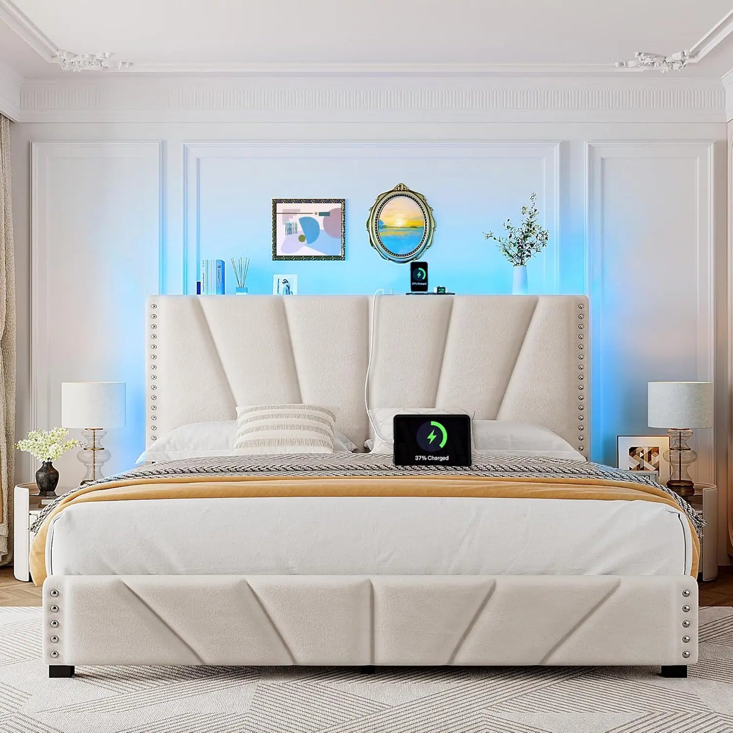 King Size Bed Frame with Velvet Headboard and LED Lights, Storage Headboard Platform Bed with Charging Station