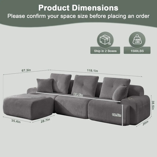 118" Cloud Couch Sectional,Boneless Couches for Living Room,Chenille Memory Foam Couch,Modular Sectional Sofa with, Customized