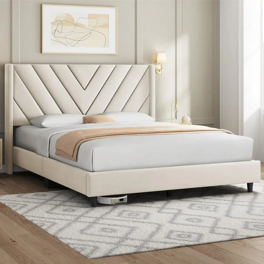 Bed Frame Upholstered Platform Bed with Wing Side/Wooden Slat Support/Tufted Headboard with Wing Side/Mattress Foundation