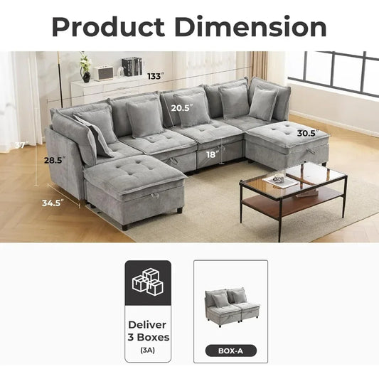 133" U-Shaped Modern Sofa,Modular Sectional Cloud Couch with 2 Ottoman, Oversized Modular Sectional Sofa with Storage Customized