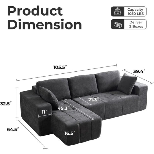 105" Cloud Modular Sectional Couch,Chenille Boneless Couches with Deep Seat,Upholstered L-Shape Sofa with Chaise