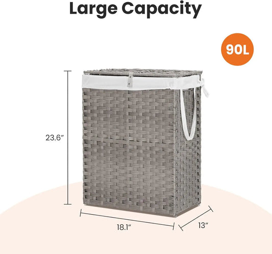 90L Foldable Woven Laundry Basket with Lid, Gray Rattan Hamper with Washable Liner, Steel Frame & Odor Control