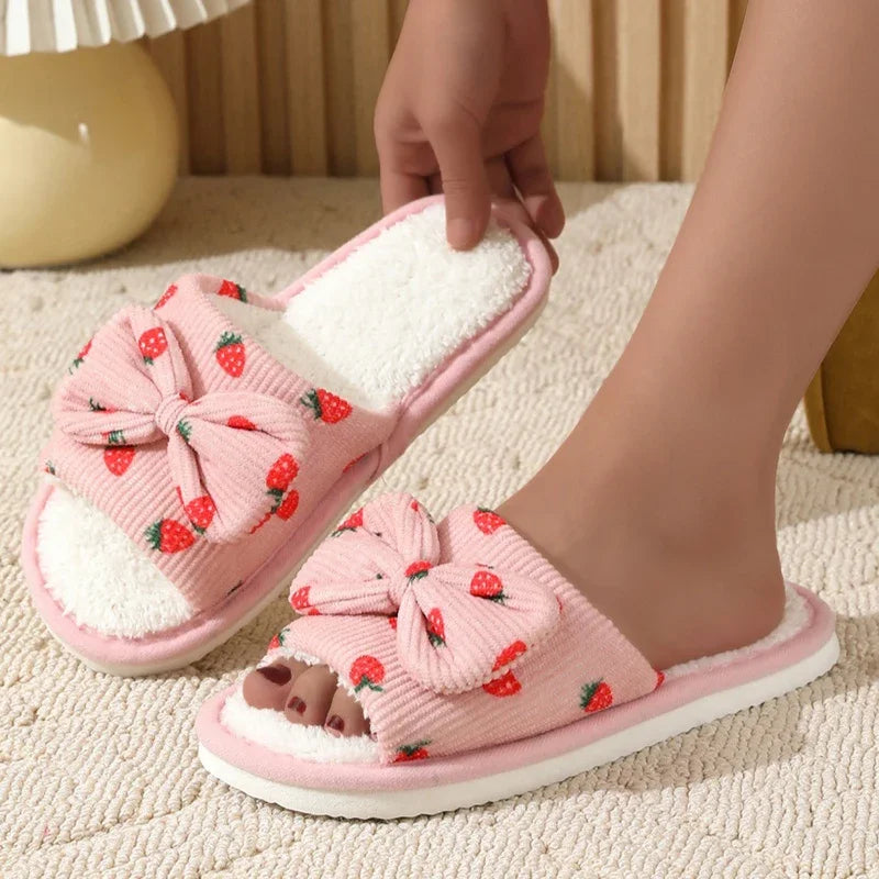 Lovely Girls Pink Strawberry Winter Home Slippers Soft Fur Furry Indoor Flat Shoes Woman Comfort Non Slip Bedroom Slippers Slide