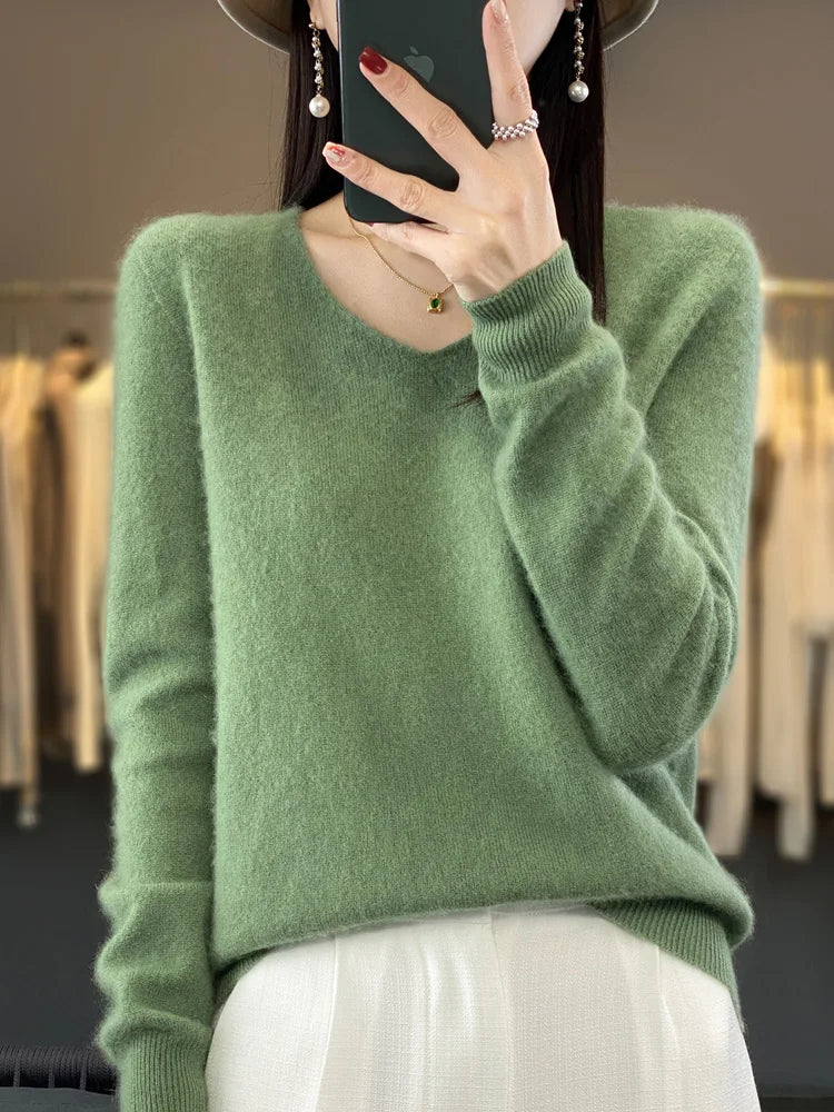 Fashion100% Merino Wool Sweater Cashmere Pullover Women Knitwear V-Neck Long Sleeve Autumn Winter Fashion Basic Clothing Tops