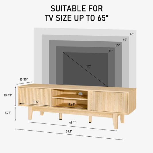 TV Stands for 55 60 65 inch TV, Oak Fluted TV Stand for Living Room Bedroom, Mid Century Modern TV Console Tables, Entertainment