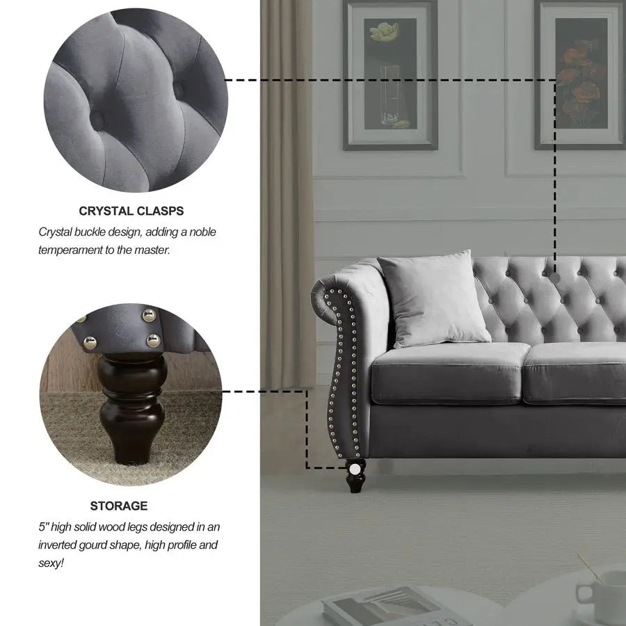 Chesterfield Sofa, Retro Style Upholstered 3 Seater Velvet Couch with Rolled Arm for Living Room Bedroom Office Apartment, Grey