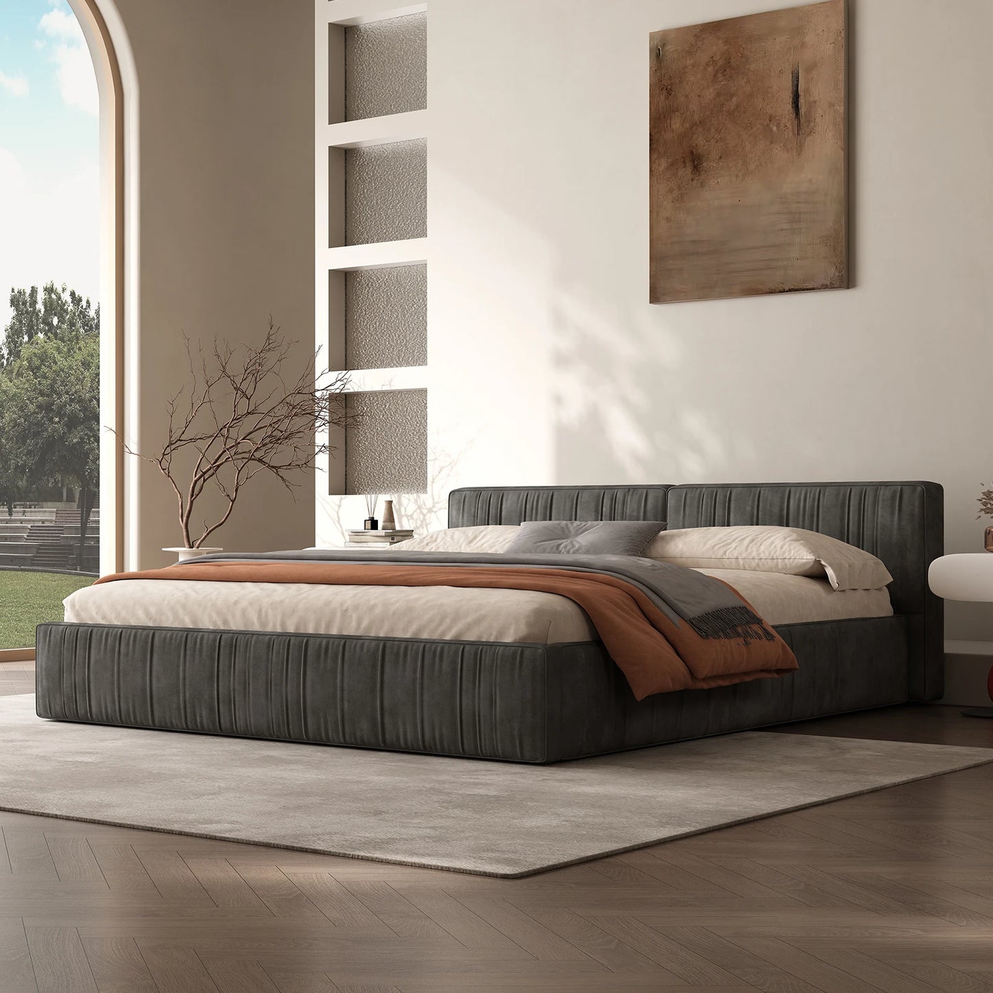 Queen Size Chenille Platform Bed with Thick Headboard and Footboard, Block Pleated Design Style, Wooden Structure Solid, Noise F