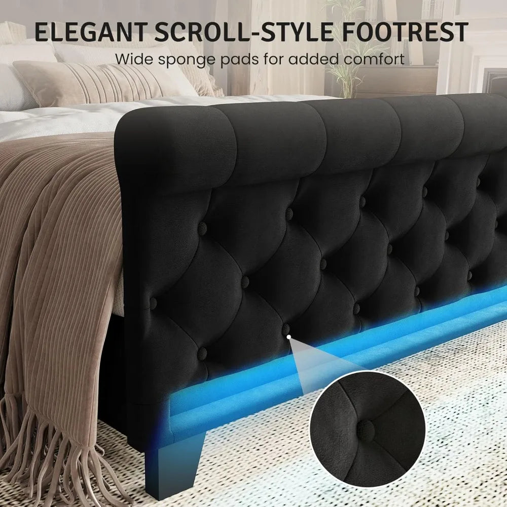King Size Bed Frame with LED Lights & USB Ports, Upholstered Velvet Platform Bed, No Box Spring Needed, Noise Free, Black