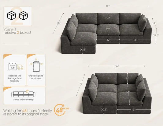 120" Cloud Sectional Couch | Oversize Boneless Couches for Living Room | 4 Seater Modern L-Shape Sofa | Drak Grey, Customized