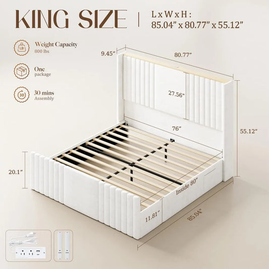 King Size Bed Frame with Tall Headboard, Velvet Upholstered Platform Bed with Reading Lights, Storage Shelf, Charging Station