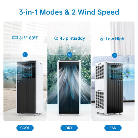 Portable Air Conditioners 8000 BTU, 3-In-1 AC Cooling Unit, 2 Speeds, 24H Timer, Low noise, Quick installation For Room Office