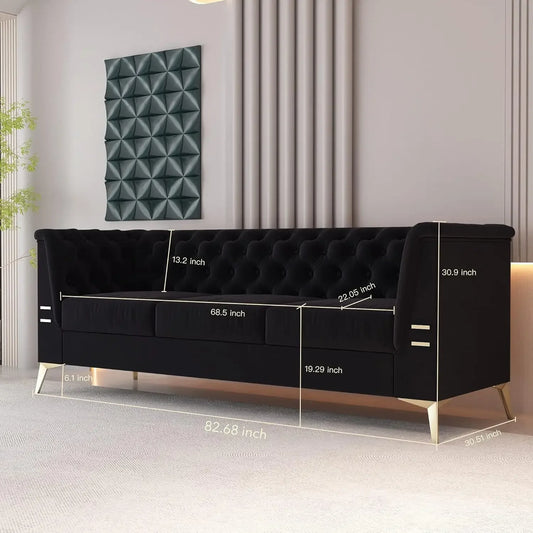 Black Chesterfield Velvet Couch for Living Room,3 Seater Tufted Sofa with Gold Metal Legs, Large Upholstered Comfy, Customized